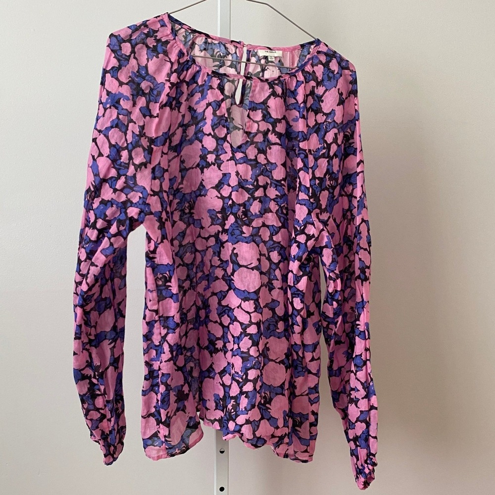 Anthro The Odells XL Pink Floral Blouse Keyhole Top Boho Cottage Prairie Peasant